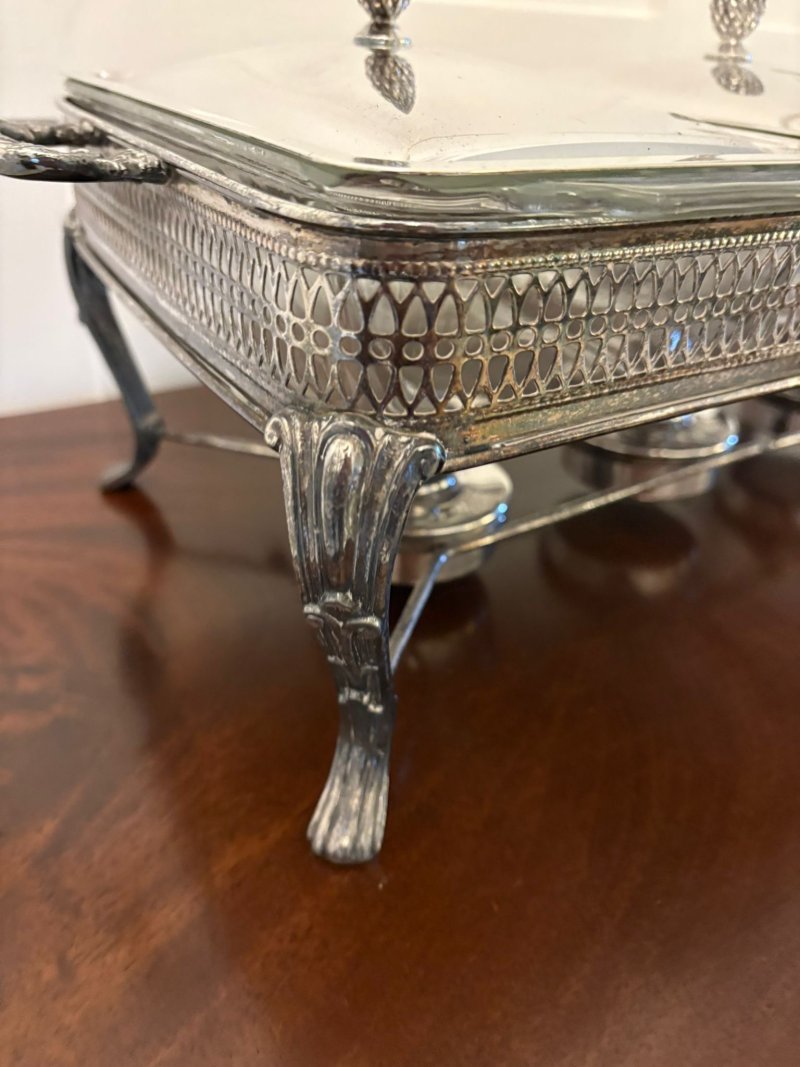 Unusual Antique Edwardian Three Silver Plated Serving Dishes on a Warming Stand - Image 9